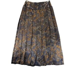 Vintage Notations Paisley Pleated Midi Skirt High Waisted Grey Size Small Boho